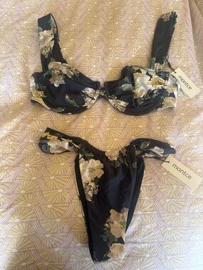 Montce Black Floral Underwire Bikini Set with Cream Blooms. NWT